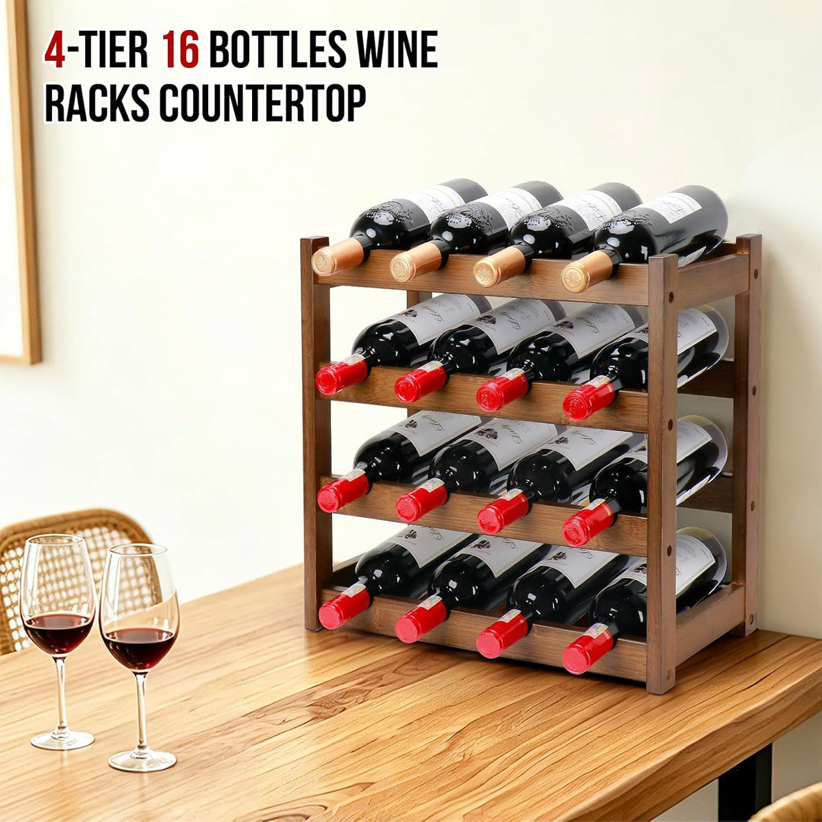 Bamboo Wine Rack, 4-Tier 16 Bottles Wine Storage Cabinet Shelf - Image 3