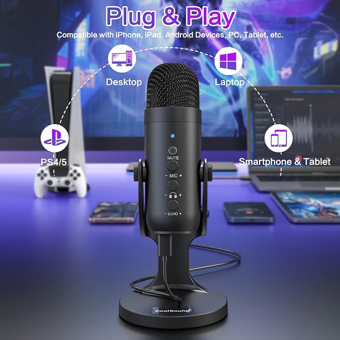 ZealSound Podcast Microphone for PC, Noise Cancellation USB Mic with Gain, Volume Adjustment & Mute Button, Monitoring & Echo, for YouTube, TikTok, Podcasting, Streaming, iPhone, iPad, Android, Mac - Image 4