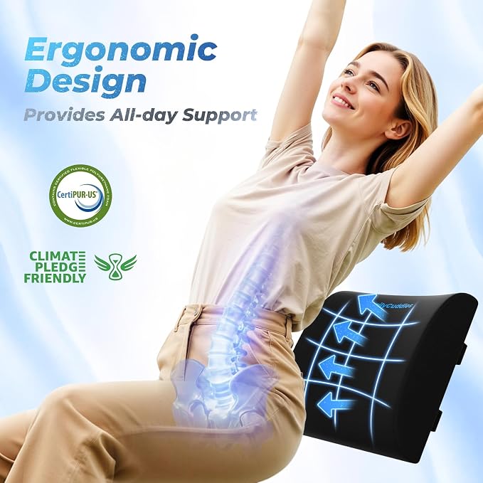 Lumbar Support Pillow, Ergonomic Back Cushion for Office Chair, Black/Large | Memory Foam Back Pillow with Adjustable Strap for Long-Hour Sitting , Gaming Chair, Back Support for Pain Relief - Image 3