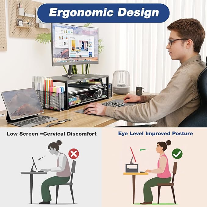 Desk Organizer and Accessories, 2-Tier Computer Monitor Stand Riser with Drawer and 2 Pen Holders, Laptop Stand, Office Desk Accessories for Office Supplies, 1 Pack, Rose - Image 6