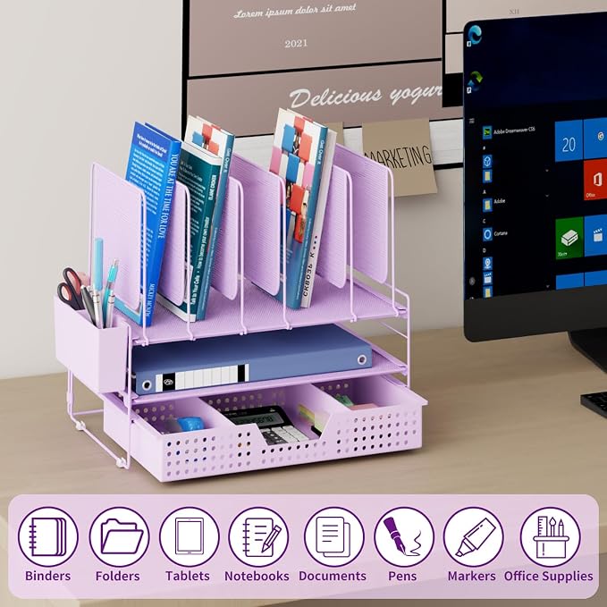 LEKETREE Desk Organizer, Office Organization with Vertical File Holder, File Organizer with Drawer and Pen Holder, Desk Accessories and Workspace Organizers for Home Office (Purple) - Image 2
