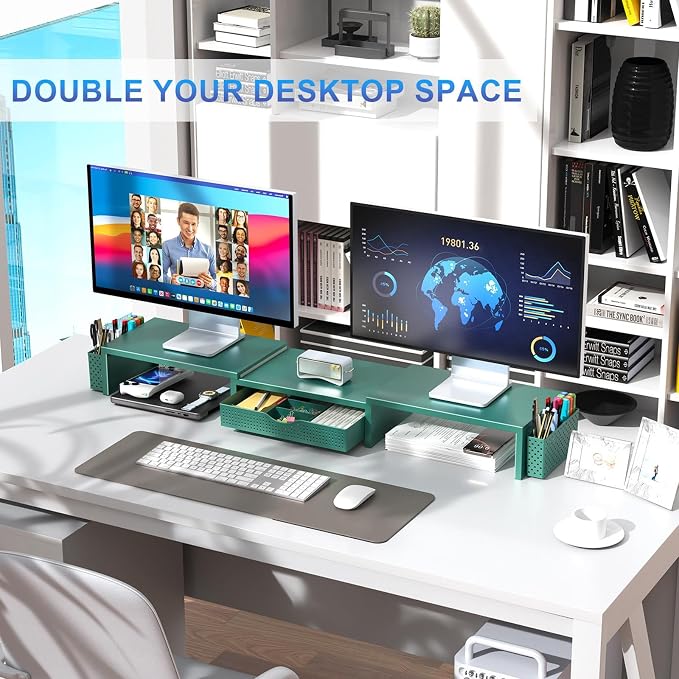 gianotter Dual Monitor Stand Riser With Drawer and 2 Pen Holders | Computer Monitor Stand Desk Organizer and Accessories Desk Shelf for Top of Desk (Green) - Image 3