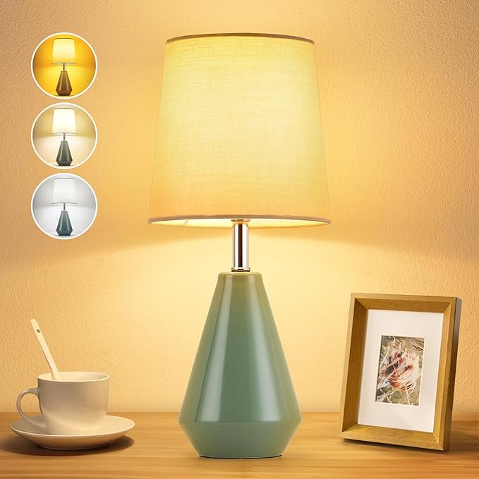 Small Bedside Table Lamp for Bedroom - Reading Desk Lamp with 3 Color Temperatures，15.5" Nightstand Ceramic Lamp with Fabric Shade for Kids Room,Living Room,Dorm,Home Office (Green) by Illuminatingyoumeandhim