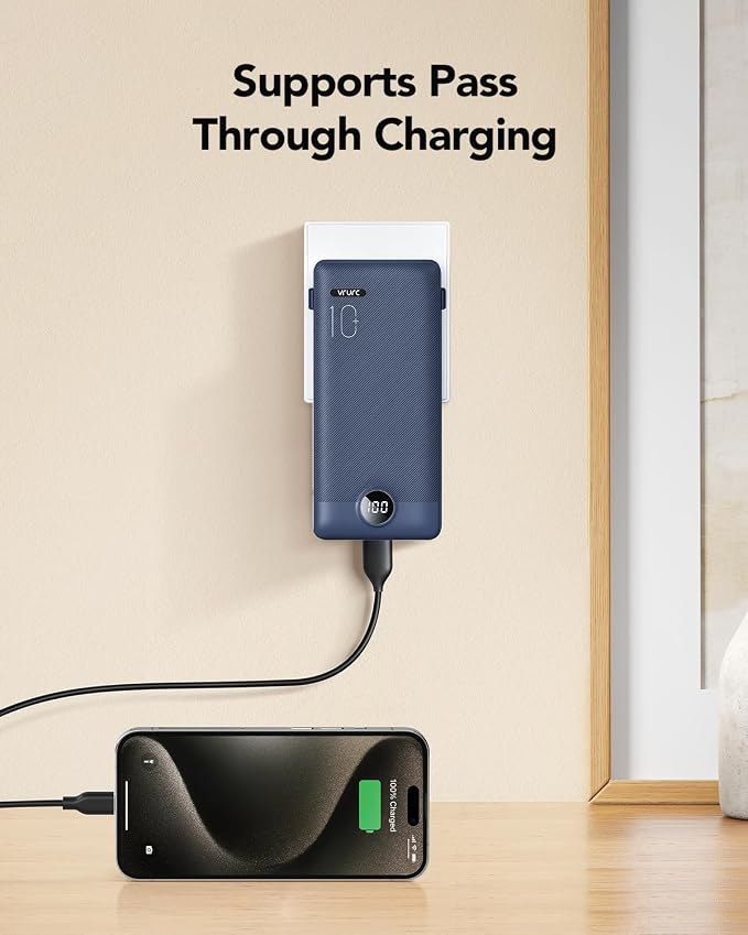 VRURC Portable Charger Built-in Cables and AC Wall Plug, USB C Power Bank 10000mAh, Travel Battery Portable Phone Charger Compact Lightweight External Battery Pack for Smart Phones, Tablets etc-Navy - Image 3