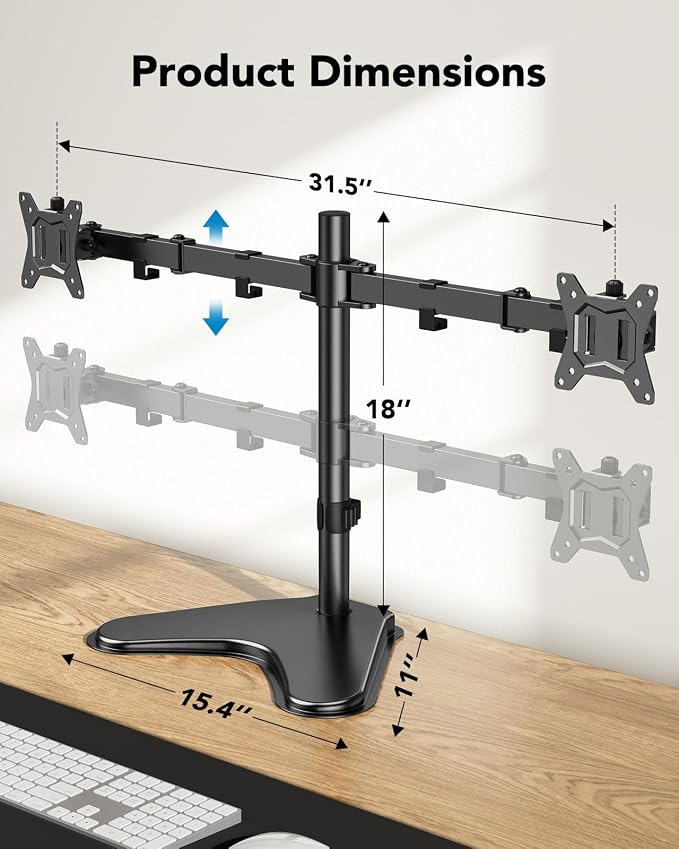 HUANUO 32 inches Dual Monitor Stand up to 17.6lbs per Arm, High-Grade Aluminum Free Standing Dual Monitors Mount for 2 Screens. Fully Adjustable Dual Monitor Stand for Desk with Tilt, Swivel, Rotation - Image 3