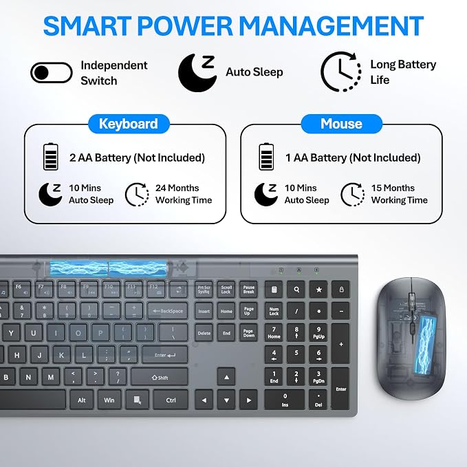 Wireless Keyboard and Mouse Combo, Ultra Slim Full Size Silent Keyboard | Quiet scissor switch keys, ultra slim design, 3 DPI adjustable mouse, 2.4GHz USB, for Computer,Windows, Mac, Laptop, PC - Image 5