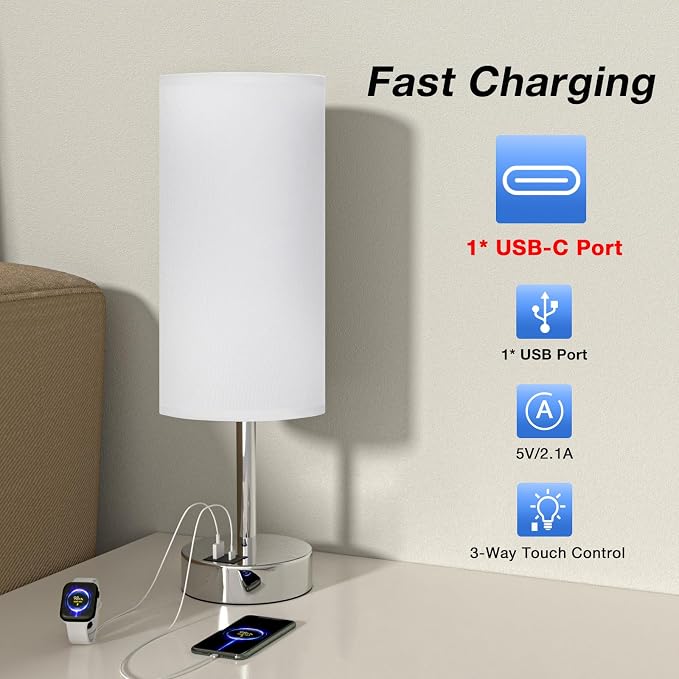 Small Touch Table Lamp for Bedroom - Bedside Desk Lamp for College Dorm | USB A+C Ports, 3-Way Dimmable, LED Bulb Included, White Fabric lampshade, Silver Metal Base, Compact 14" Night Stand Lamp - Image 2