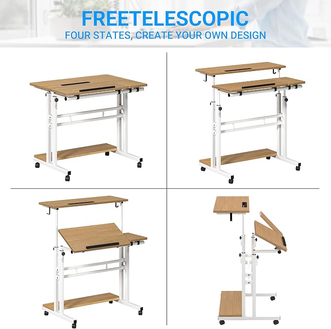 Mobile Standing Desk, Adjustable Rolling Computer Desk with 3 Desktops, Portable Laptop Table with Cup Holder, Home Office Laptop Workstation on Lockable Wheels,Khaki | Triple desktops, cup holder, lockable wheels, portable workstation, for home office - Image 8