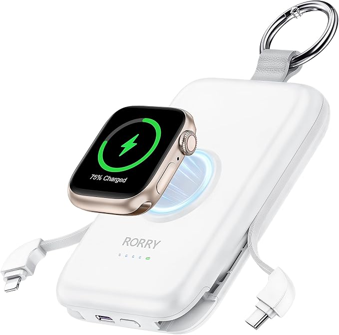 RORRY CharmGo Portable Charger, 10000mAh 20W Fast Charging Power Bank | Built-in Cables, Travel Keychain Battery Pack Essentions for Apple Watch 1~11 Series/Ultra/SE & iPhone Air/17/16/15/14/13/12 by RORRY