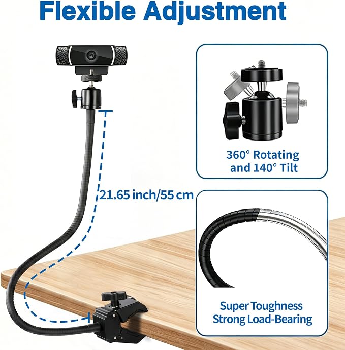 Webcam Stand Mount, Flexible Gooseneck Webcam Arm Stand with Desk Camera Mount Clip Clamp for Logitech C922 C930e C920S C920 C615 C960 C920x Brio 4K NexiGo N60 and More - Image 2