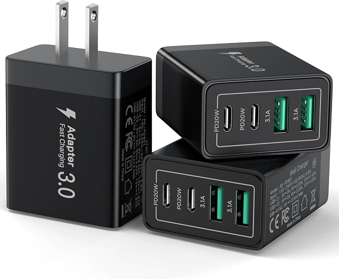 USB C Charger Block, 40W 4-Port Fast Charger 20W Type C Charging Block 3.1A USB Wall Charger Dual Port PD+QC Charging Cube for iPhone 16 15 14 13 12 Pro Max XS, iPad, Samsung Phone (Black 3Pack) by Aioneus
