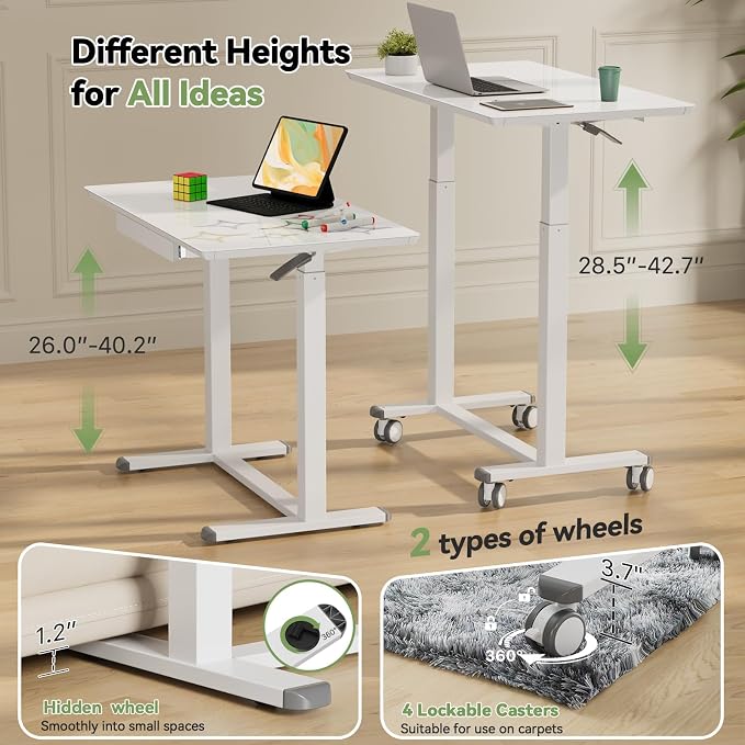 35inch Glass Standing Desk, Height Adjustable with Drawer | Pneumatic Rolling Laptop Desk on Hidden Wheels/Lockable Casters, White Portable Mobile Computer Workstation with Dual Column - Image 3