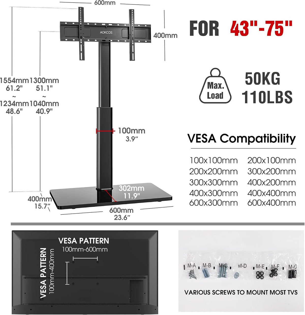 Swivel TV Floor Stand for 43-75 Inches TVs, 10 Level Height Adjustable Corner Extra Tall TV Stand Mount for Living Room/Bedroom, Holds up to 110 lbs,MAX VESA 600x400mm,Black - Image 8