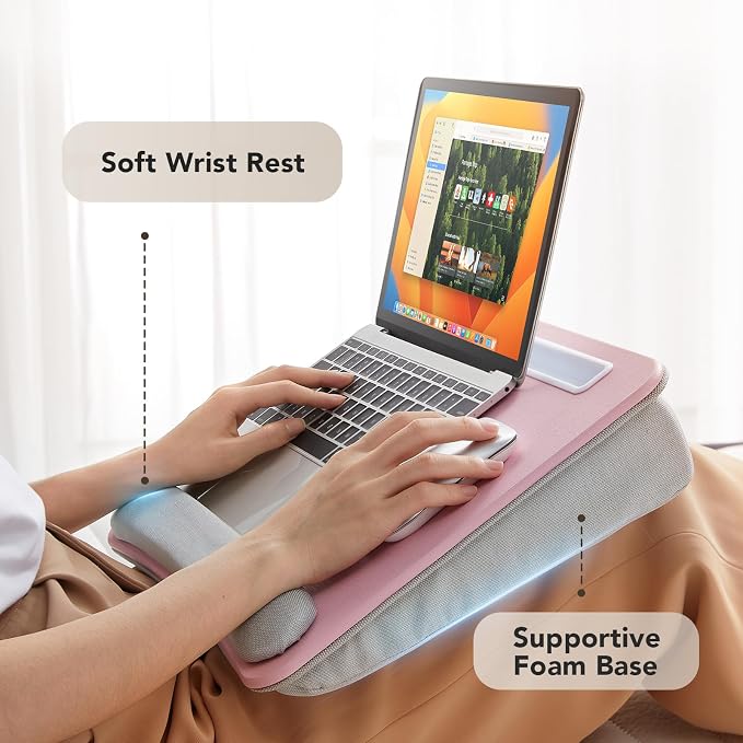 HUANUO Laptop Lap Desk with Cushion, Fit up to 15.6" Laptop，Pink | Portable Lap Desk with Pillow Cushion, Anti-Slip Strip & Storage Function for Home Office Students as Computer Laptop Stand - Image 4