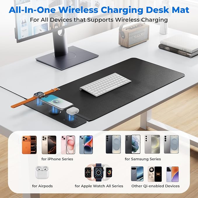 2nd Gen Wireless Charging Desk Mat, 3-in-1 Magnetic Mouse Pad | 35.43"x15.75" Large Charging Mat, 2nd Gen Wireless Tech, Waterproof Non-Slip Pad Charges Phone Watch Earbuds - Image 6