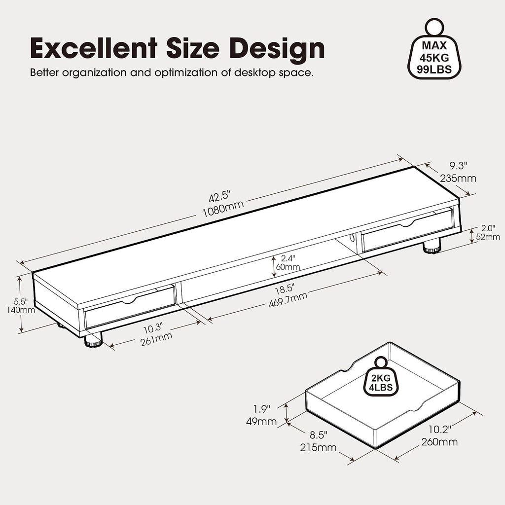 Fenge Dual Monitor Riser with 2 Drawers, 42.5in Long Desk Shelf, White - Image 3