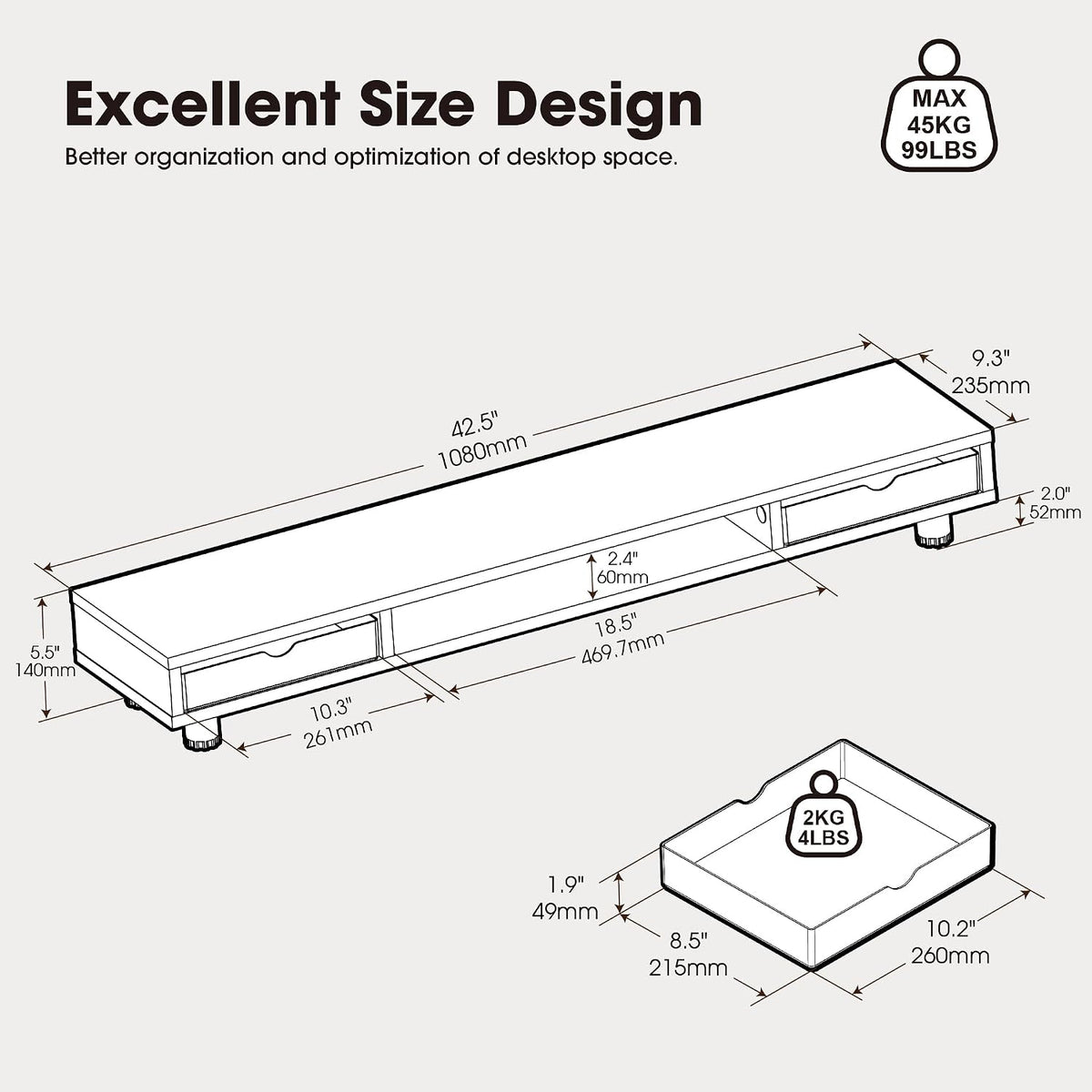 Fenge Dual Monitor Riser with 2 Drawers, 42.5in Long Desk Shelf, White - Image 3