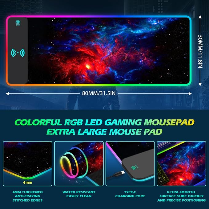 ToLuLu RGB Wireless Charging Gaming Mouse Pad, 7.5/10/15W 10 Light Modes LED Mouse Pad Computer Keyboard Mat Mousepad, 800x300x4MM Extended Large Desk Pad Desk Mat for Gamer, Red Blue Galaxy - Image 7