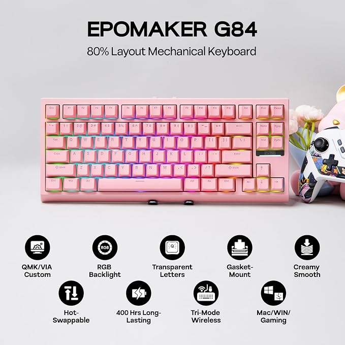 EPOMAKER G84 80% RGB Gaming Mechanical Keyboard with Shine Through Keycaps | 2.4GHz/ Type-C/BT Wireless Keyboard, VIA Programmable, Hot-Swap, Creamy Keyboard for Gamers/Office (Pink, Creamy Jade Switch) - Image 2