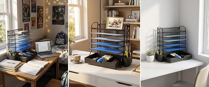 Simple Houseware 6-Tier Desk File Organizer w/Drawer & Pen Holder, Black | 5 Tilted Letter Trays for A4 Paper, Mail and Documents - Image 13