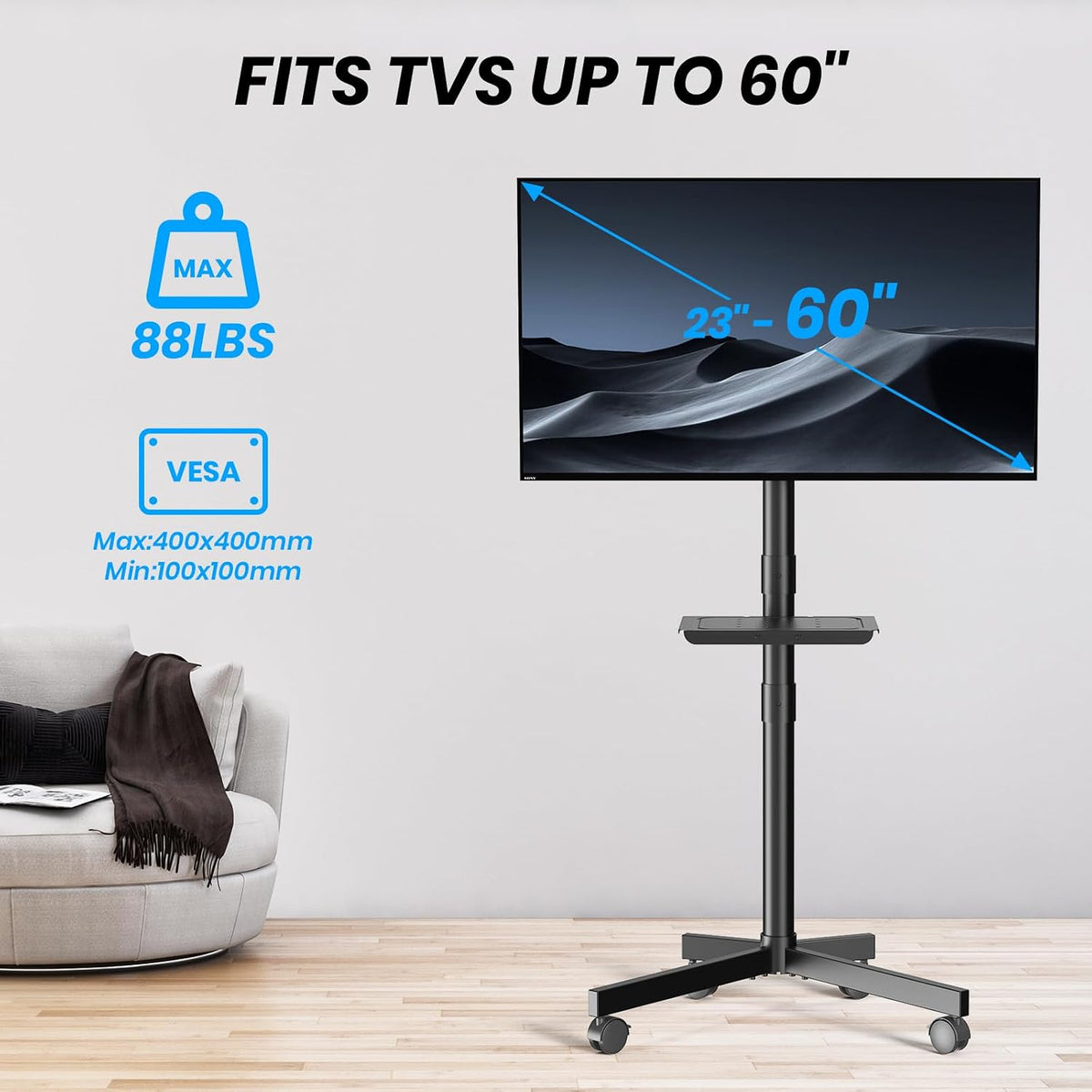 Mobile TV Cart for 23-60 Inch LCD LED OLED Flat Curved Screen TVs - Height Adjustable Rolling Floor Stand with Shelf and Locking Wheels - Up to 88lbs, Max VESA 400x400mm, Black - Image 7
