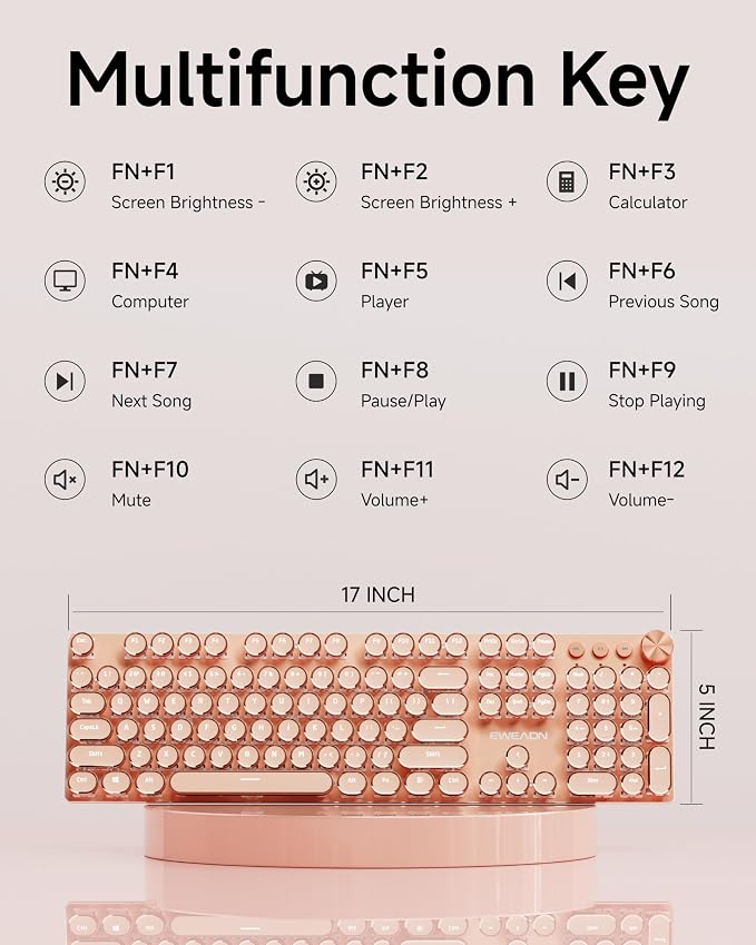 SEUNKWANG EWEADN V20 Typewriter Keyboard Wireless, 104 Keys Mechanical with White Backlit, Media Knob, Pink Switch 2.4G/Bluetooth/USB-A Wired Retro Full Size Keyboard for Windows/Mac/PC-Pink - Image 8