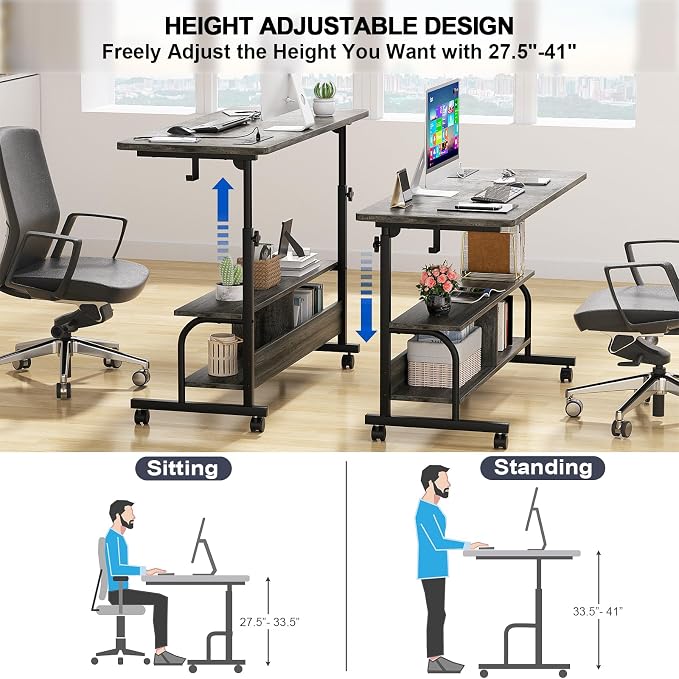 47" Rolling Standing Desk with Charging Station for Couch Bed | Height Adjust 27.5-41", 2 AC/3 USB, Mobile 4 Lockable Wheels, 2-tier Shelves Hook, Safe Corner Fast Assembly - Image 6