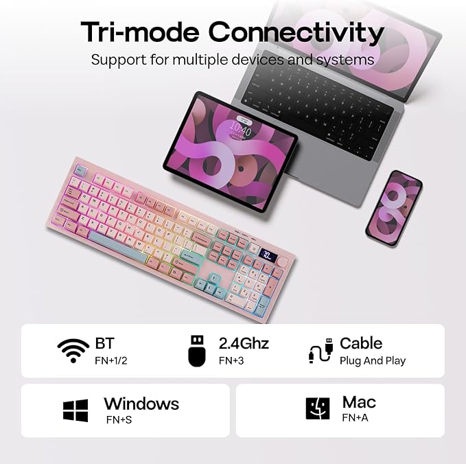 EPOMAKER Aula S102 PRO Membrane Gaming Keyboard w/TFT Screen & Volume Knob | Silent Keyboard w/ Number Pad for PC Game/Office, BT/2.4G/USB, RGB Backlit, Creamy Silicone Structure (Pink) - Image 5