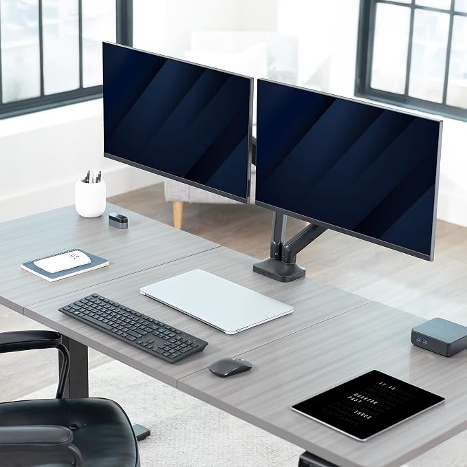 VIVO Dual Pneumatic Arm Ultra-Wide Monitor Mount for up to 35 inch Screens, Holds 26.4 lbs per Arm, Desk Mount Monitor Stand for 2 Ultrawides, Black, STAND-V200O - Image 2