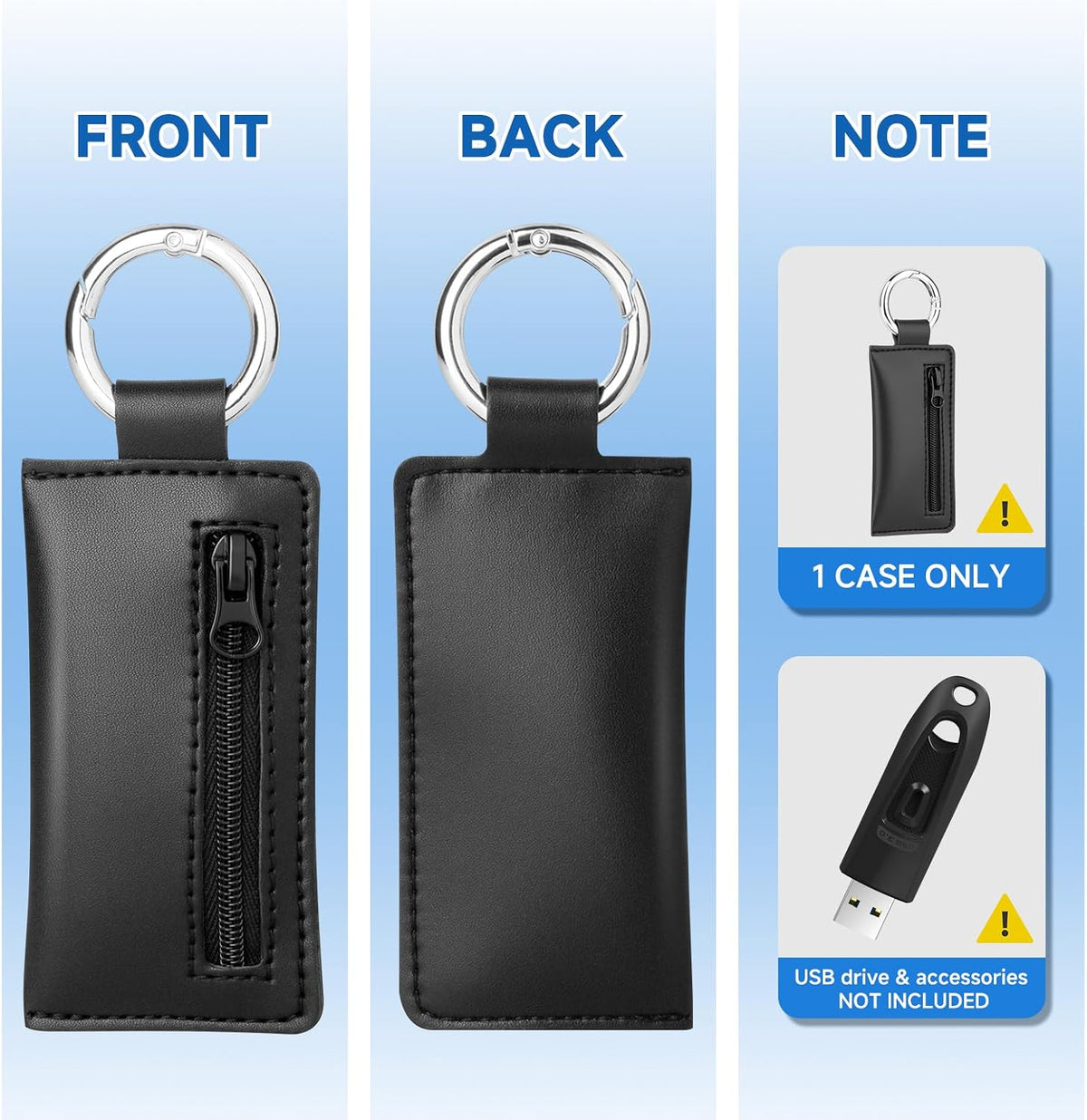 Microfiber USB Flash Drive Holder Case with Keychain, Black - Image 3