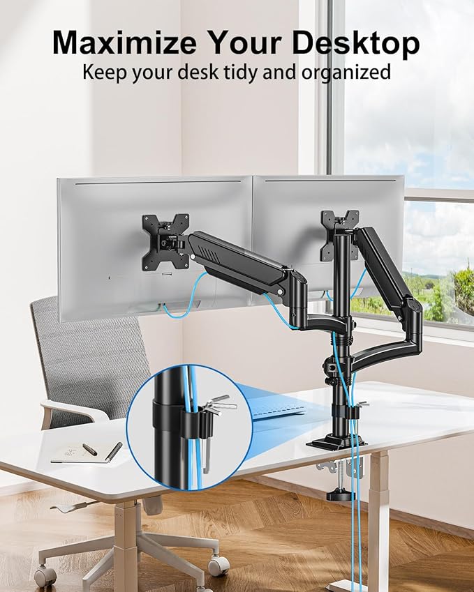 Dual Monitor Stand for Computer Screen up to 32", Holds 22 lbs Each | Taller Monitor Arms Desk Mount, Height Adjustable Gas Spring VESA Mount with C-clamp Grommet Mounting, Black, Freelift - Image 6