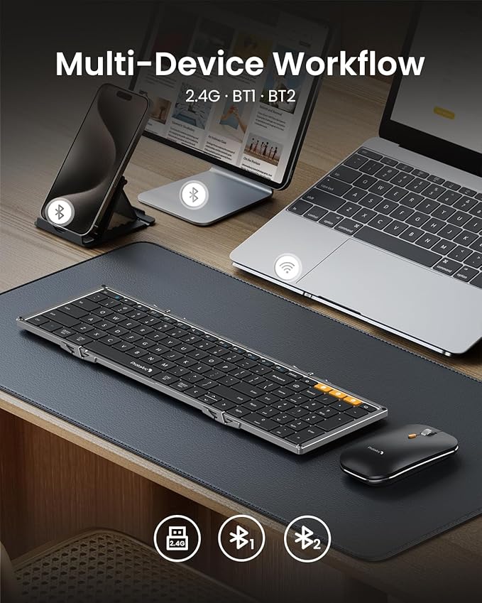 ProtoArc XKM01 Full-Size Foldable Keyboard Mouse Combo for Travel, Gray | 105-key keyboard, slim mouse, hard case and phone stand, 3-device Bluetooth & 2.4G switching, for travel office use - Image 4