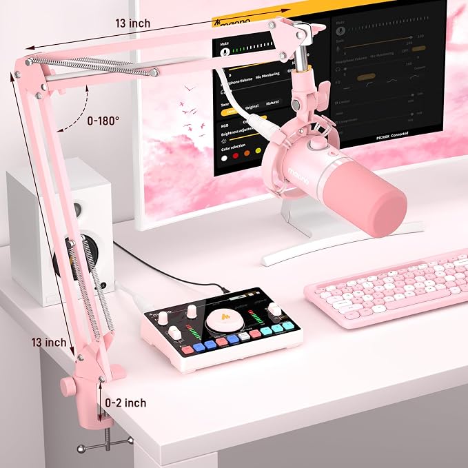 MAONO PD200XS XLR/USB Dynamic Microphone Kit, RGB Gaming Mic with Software | PC Mic with Mute, Gain Knob, Volume Control, Boom Arm for Streaming, Gaming, Podcasting, Voice-Over, Recording, Pink - Image 9