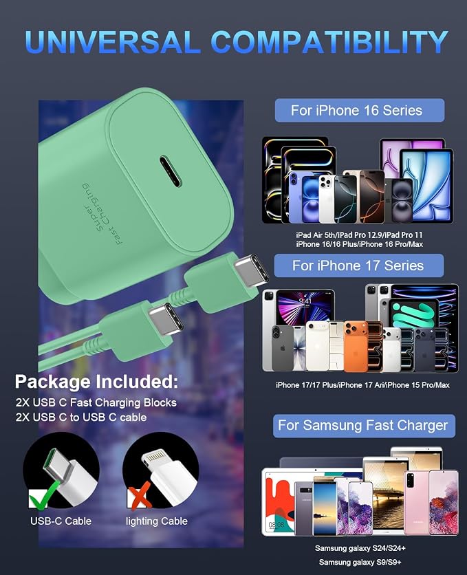 Phone 17 16 15 Charger Fast Charging,30W USB C Phone 17 16 15 Pro Max Charger Block &10FT Long Type C Cable Cord for i.Phone 17/Air/17 Pro/17 Pro Max/16/16 Plus/16 Pro/16 Pro Max/15/15 Pro Max,Green - Image 6