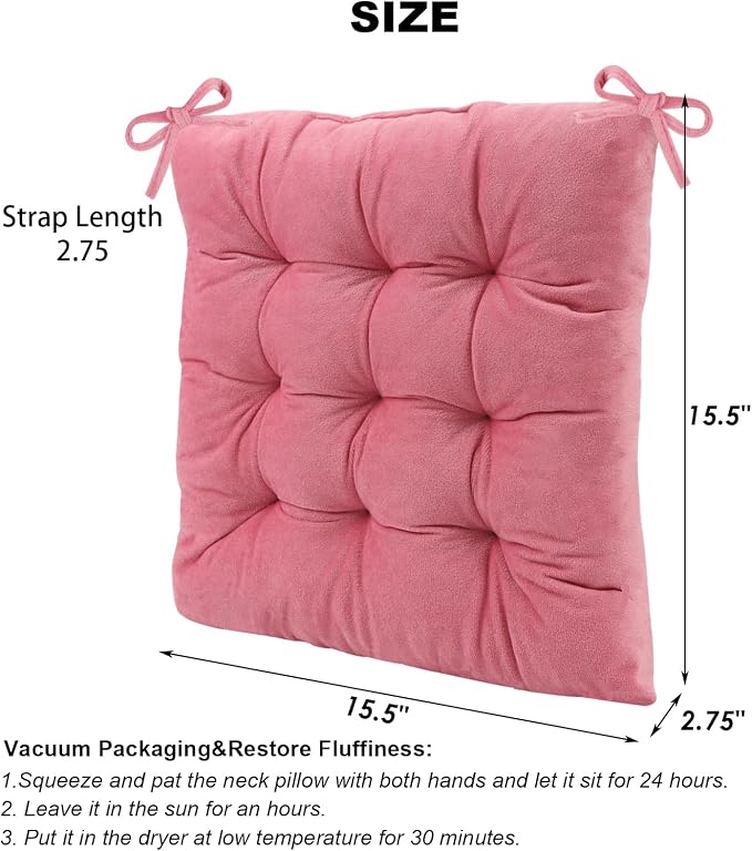 6 Pack Square Seat Cushion Chair Pads for Kitchen Dining Chairs, Soft Comfort Velvet Chair Mat Pillow Cushions with Ties for Office Desk Living Room Tatami 15.5", Pink - Image 2