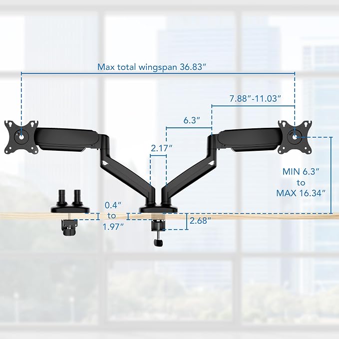Mount-It! Dual Monitor Desk Mount, 13-32", 17.6 lbs Each | Two independent gas spring arms, full motion, VESA 75x75 & 100x100, C-clamp & grommet base. - Image 9