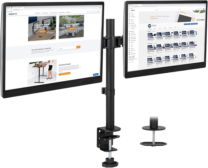 Mount-It! Dual Monitor Desk Stand, 19-32" Screens | Two heavy-duty height-adjustable arms with interchangeable C-clamp/grommet base, VESA 75/100 compatible. by Mount-It