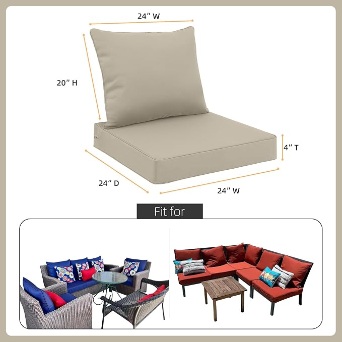 Favoyard Outdoor Patio Seat Cushions Set, 24 x 24 Inch, Waterproof, Beige | Fade-Resistant, Removable Cover, Deep Seat & Back Cushion, Tie Straps for Patio Furniture, Garden, Rocking Chair, Sofa Couch - Image 2