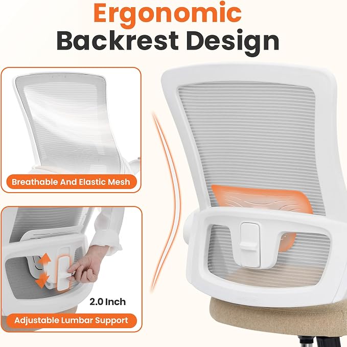 NEO CHAIR Office Desk Chair High Back Mesh Chair Adjustable Lumbar, Beige | Ergonomic High-Back Design with Breathable Mesh, Flip-Up Armrests, Comfortable Support for Home office or Computer Work - Image 3
