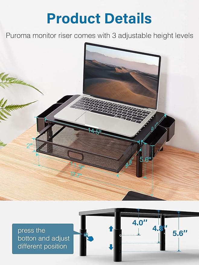 Monitor Stand Riser with Drawer & Phone Holder, Black | Desk Organizer with Sturdy Steel Frame, Space-Saving Desktop Shelf for Home Office, Desk Stand Riser for Monitor & Laptop - Image 2