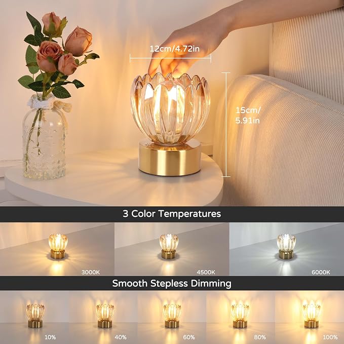 Shenmoyl Cordless Small Table Lamp with 5200mAh Battery & Touch Control, Battery Operated Tulip Table Lamp with 3 Colors, Rechargeable Mini Table Lamps for Bedsides, Bedroom, Nightstand (Amber) - Image 3