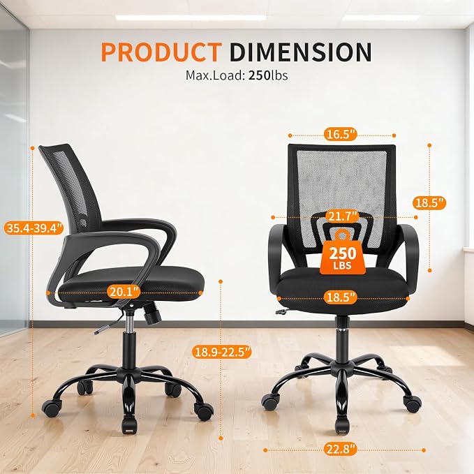 FDW Ergonomic Office Chair Home Desk Chair Task Mesh Computer Chair Gaming with Back Lumbar Support Armrest Modern Swivel Modern Adjustable Rolling Executive Mesh Chair for Women Men (Black) | with Lumbar Support & Adjustable Height | Breathable Mid-Ba... - Image 3