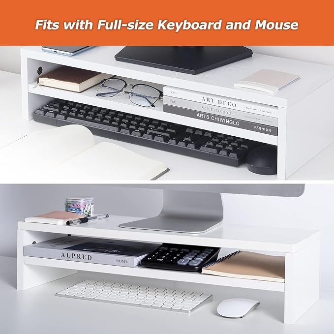 BEYGORM Monitor Stand Riser, White, 21.6 inch, 2 Tiers Wood Desk Shelf | For Full Keyboard, Computer Screen Stand with Storage for Desktop Laptop/Screen/TV/PC/Printer 21.6"L x 7.8"W x 5.2"H - Image 4