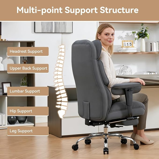 Efomao Executive Office Chair, Bluegrey Fabric Big and Tall Desk Chair | Breathable fabric, pocket spring & foam seat, retractable footrest, 135° recline for computer gaming setup - Image 5