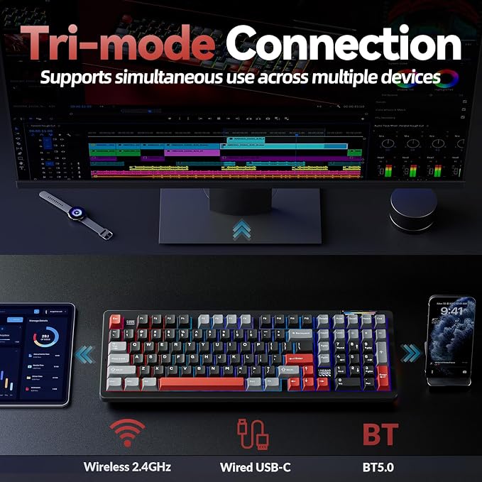 LINGBAO K98 Wireless Mechanical Gaming Keyboard, Tri-Mode Gasket Hot Swap | Linear Switches Creamy Keyboard with Number Pad,96% Layout RGB Backlit Mechanical Keyboard for PC Laptop, Custom Software - Image 3
