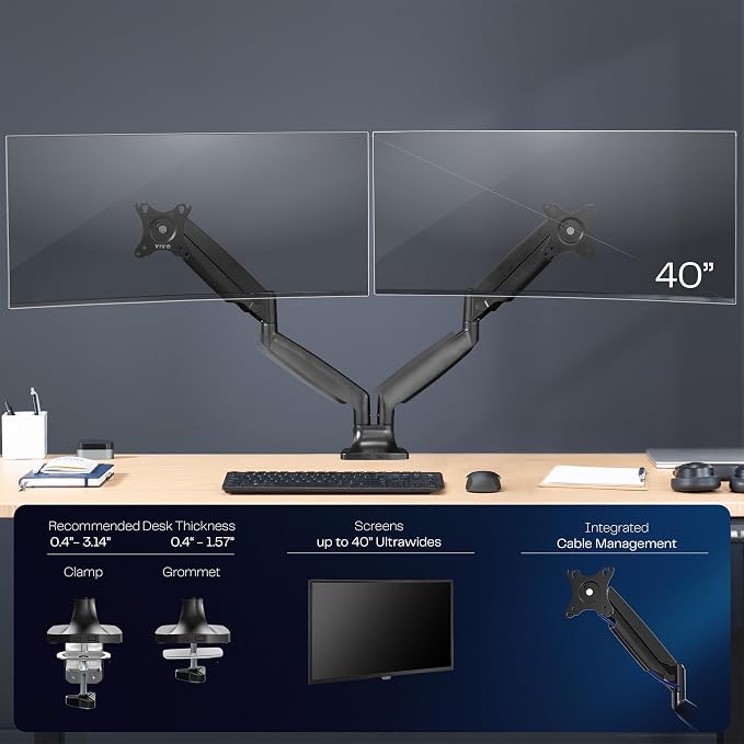 VIVO Premium Aluminum Heavy Duty Dual Monitor Arm for Ultrawide Monitors up to 40 inches and 30 lbs Each, Desk Mount Stand, Pneumatic Height, Max VESA 100x100, Black, STAND-V220Q - Image 4