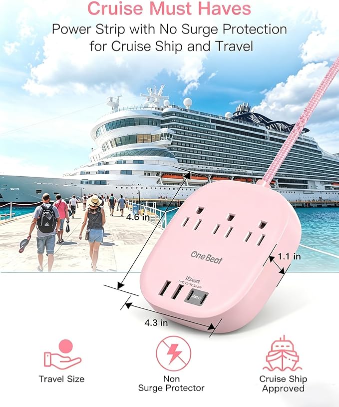 Cruise Ship Travel Essentials, 22.5W/4.5A Flat Plug Power Strip, Pink | 3 Outlets 4 USB Ports (2 USB C),Power Strip No Surge Protection for Cruise Ship, Home Office Dorm Room Travel Essentials - Image 5