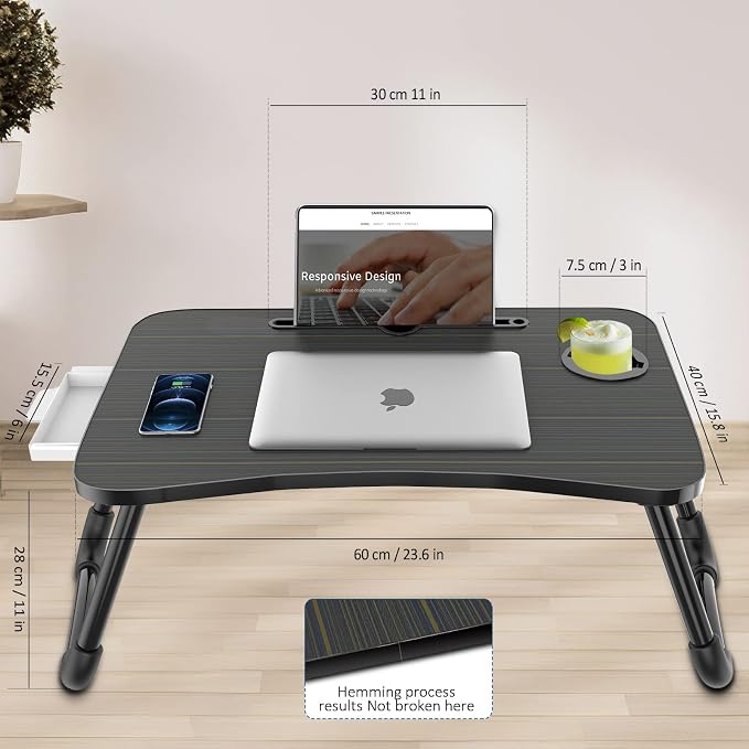 Zapuno Foldable Laptop Bed Table, Laptop Desk, Breakfast Tray, Arc Shape | Multi-function Lap Bed Tray, Storage Drawer and Water Bottle Holder, Slot for Eating, Working, For Bed/Couch/Sofa - Image 6