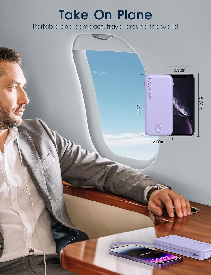 Nusyddy Portable Charger 10000mAh Fast Charging w/Built-in Wall Plug Purp. | PD20W Fast Charging, LED Indicator, Pass Through Charging, TSA Approved, Compact/Slim, Power Bank for iPhone/iPad/Samsung - Image 8