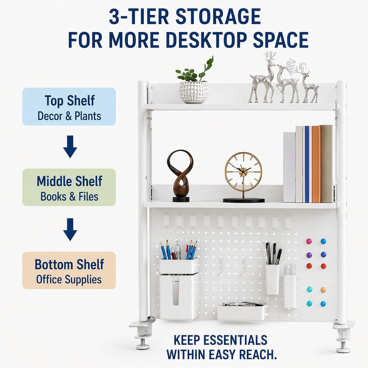 3-Tier Desk Organizer Shelf, Adjustable Pegboard Bookshelf, White - Image 4